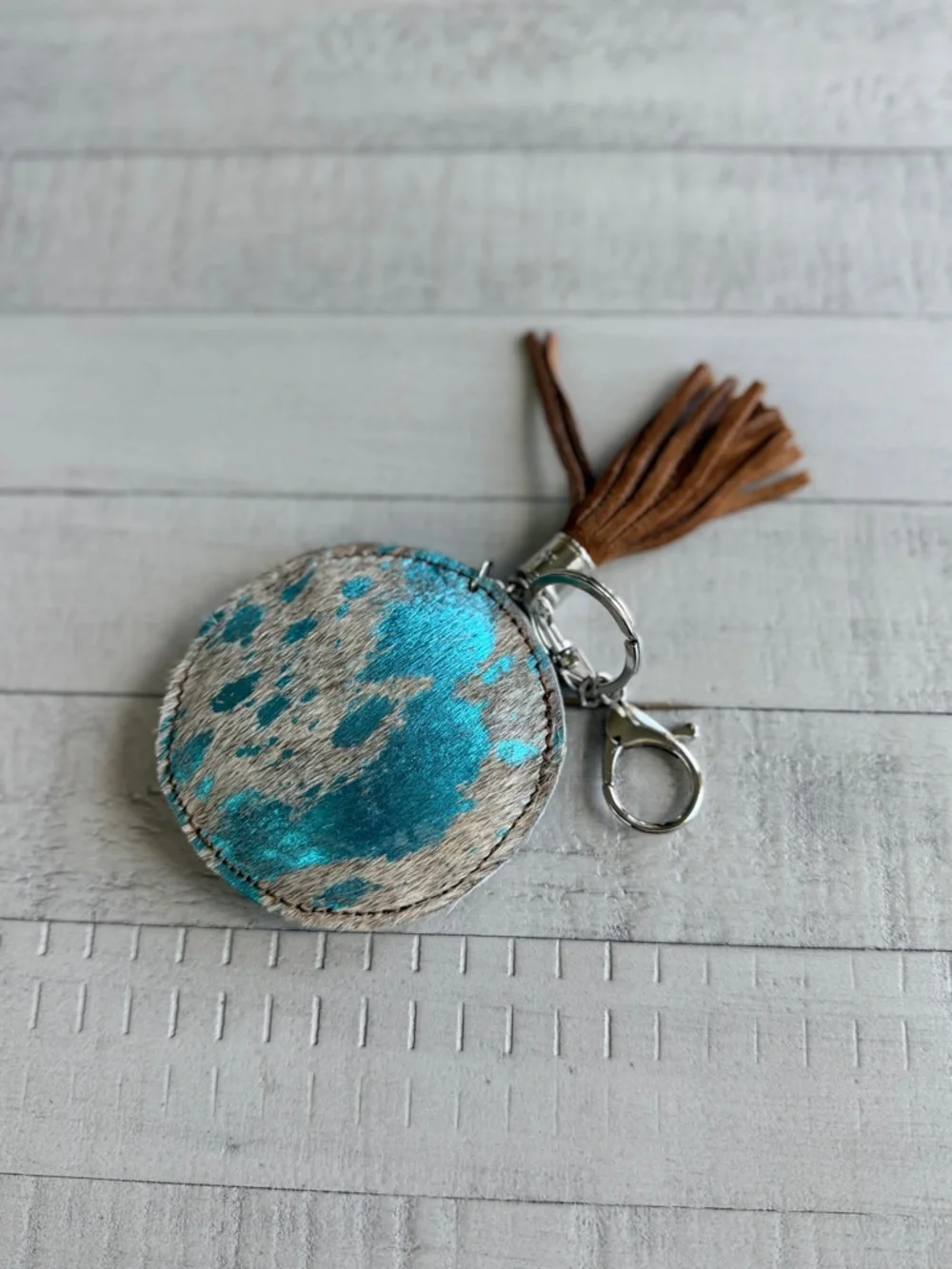 Western Acid Wash Round Turquoise & Gray Cowhide Keychain with Brown Tassel